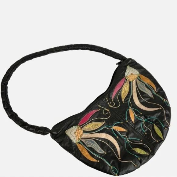 Vintage Black Hobo Bag with Floral Embroidery - Picture 2 of 16